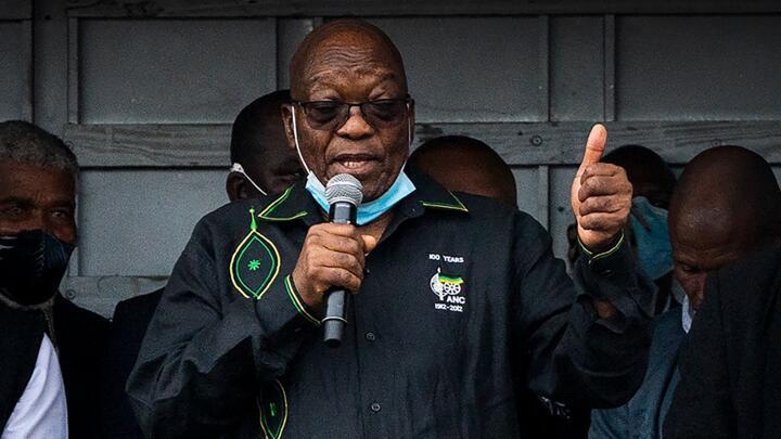 Former president Jacob Zuma addresses his supporters at his home in Nkandla, KwaZulu-Natal Natal Province, on July 4, 2021.